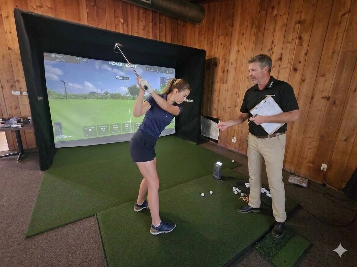 Friends playing golf simulator